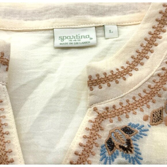 Spartina 449 Analyn Embroidered Tunic Blouse 100% Cotton Gauze Sheer Boho Size L - Picture 7 of 11